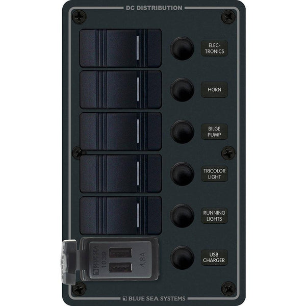 Blue Sea 8521 - 5 Position Contura Switch Panel w/Dual USB Chargers - 12/24V DC - Black [8521] - Essenbay Marine