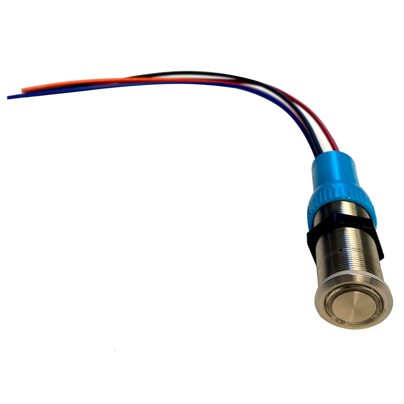 Bluewater 22mm Push Button Switch - Off/(On) Momentary Contact - Blue/Red LED - 1' Lead [9059-2113-1] - Essenbay Marine