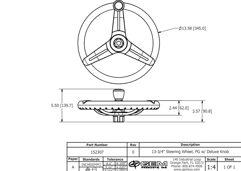 GEMLUX BELLOCA 13.75" STAINLESS STEEL STEERING WHEEL  1-3/8" Rim  152307 - Essenbay Marine