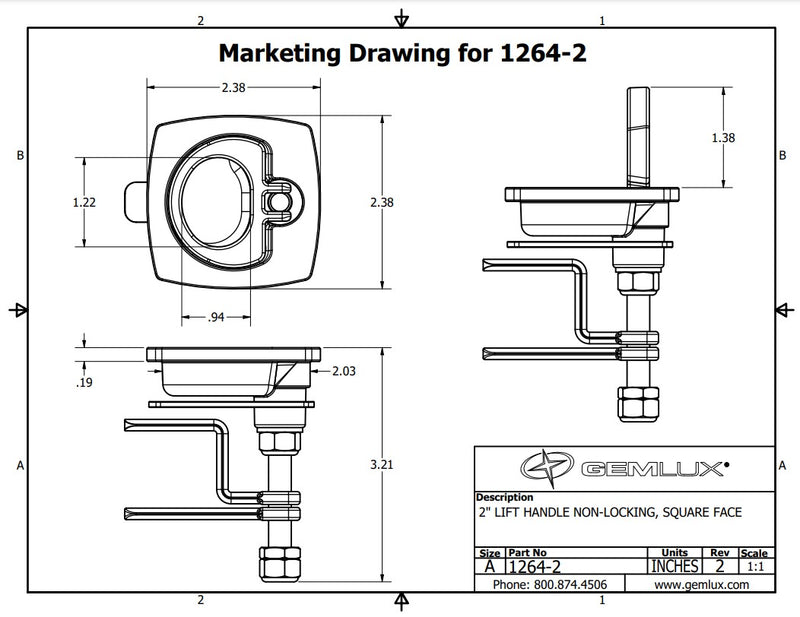 2" Lift Handle Non-Locking Square Face 1264-2