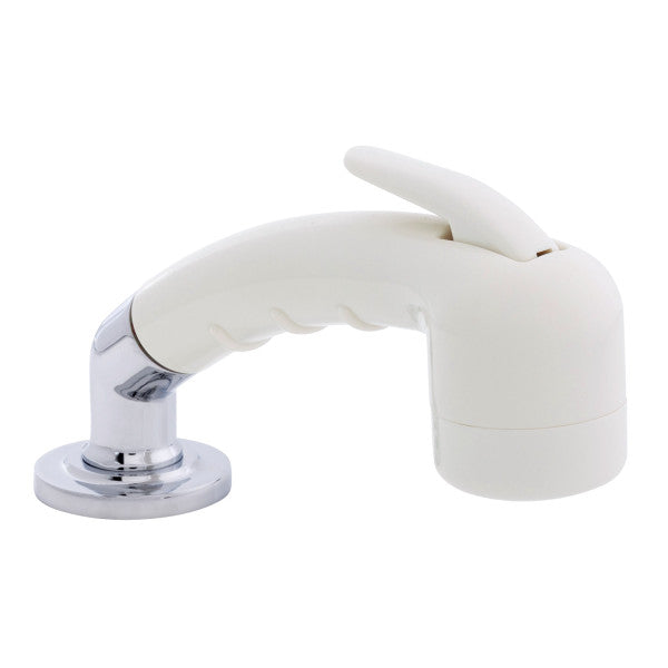 Ambassador Marine – Deck-Mount Sprayer- Small Warm White Sprayer No Hook w/Elbow, 10' White Rubber Marine Hose, Low Profile Holder – 134-0048-WH-R