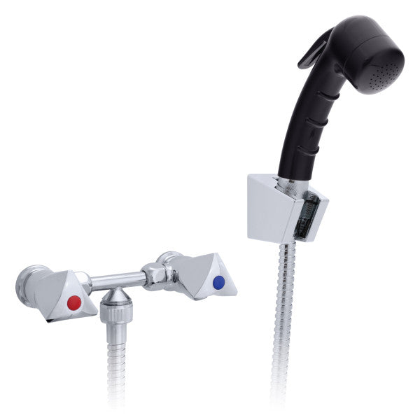 Ambassador Marine – Trinidad- 2H External Shower Mixer Small Black Sprayer, 6' Stainless Steel Marine Hose, Chrome/Black – 134-0207-CK