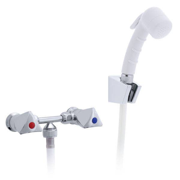 Ambassador Marine – Trinidad- 2H External Shower Mixer Small Arctic White Sprayer, 6' White Rubber Marine Hose, Chrome/Arctic White – 134-0214-CA