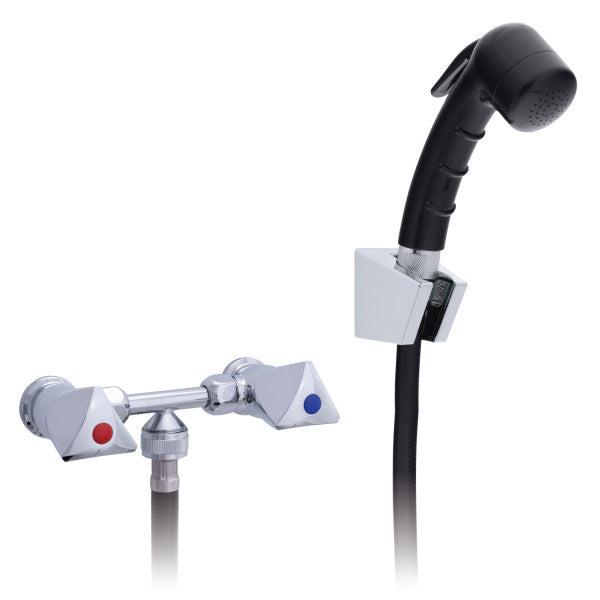 Ambassador Marine – Trinidad- 2H External Shower Mixer Small Black Sprayer, 6' White Rubber Marine Hose, Chrome/Black – 134-0214-CK