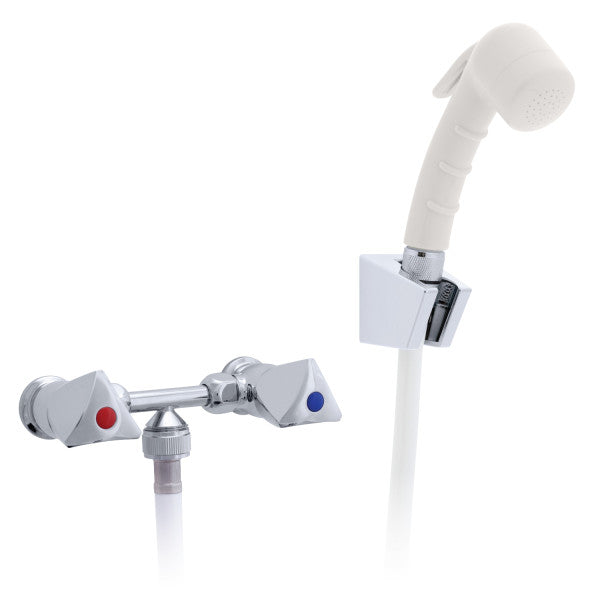 Ambassador Marine – Trinidad- 2H External Shower Mixer Small Warm White Sprayer, 10' White Rubber Marine Hose, Chrome/Warm White – 134-0217-CW