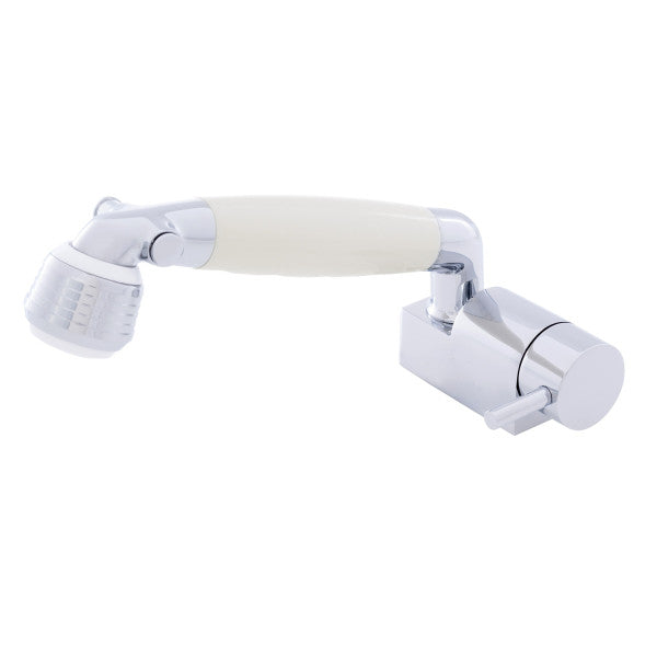 Ambassador Marine – Aidack- Pull-Out Deck Tap Cold Only, Classic Warm White Sprayer, 6' White Rubber Marine Hose Chrome/Warm White – 134-1712-CW