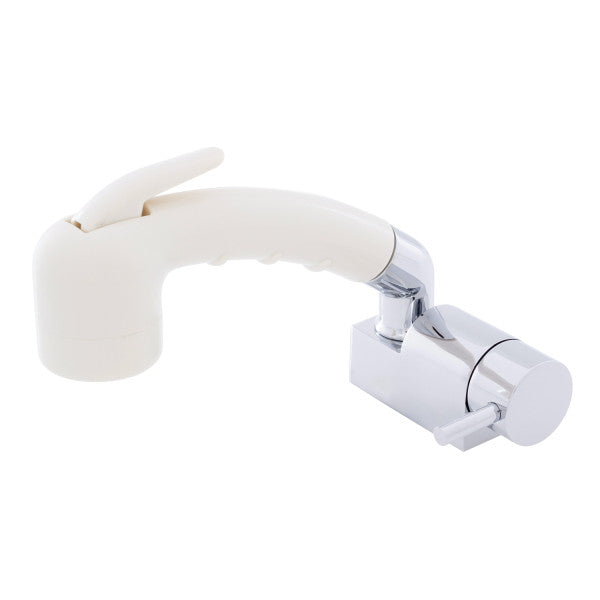 Ambassador Marine – Aidack- Pull-Out Deck Tap Cold Only, Small Warm White Sprayer No Hook, 6' White Rubber Marine Hose Chrome/Warm White – 134-1720-CW