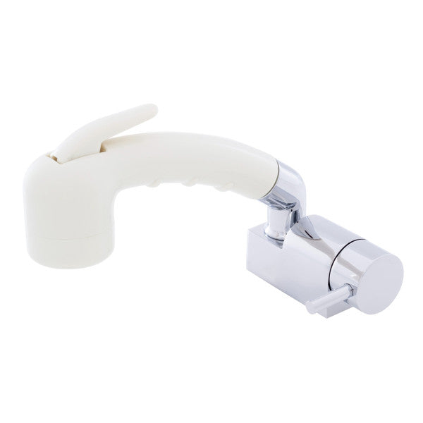 Ambassador Marine – Aidack- Pull-Out Deck Tap Cold Only, Small Warm White Sprayer No Hook, 10' White Rubber Marine Hose Chrome/Warm White – 134-1748-CW