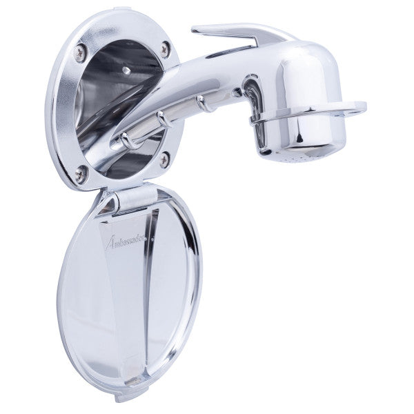 Ambassador Marine – Recessed Marine Shower- Chrome Cup & Lid, Small Chrome Sprayer, 6' White Rubber Marine Hose – 136-0000-CW-R