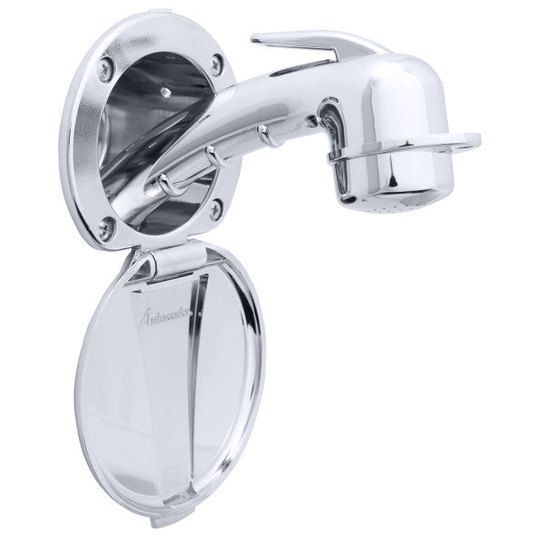 Ambassador Marine – Recessed Marine Shower- Chrome Cup & Lid, Small Chrome Sprayer, 10' White Rubber Marine Hose – 136-0007-CW-R