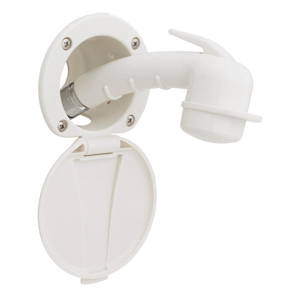 Ambassador Marine – Recessed Marine Shower- Warm White Cup & Lid, Small Warm White Sprayer, 10' White Rubber Marine Hose – 136-0007-WH-R