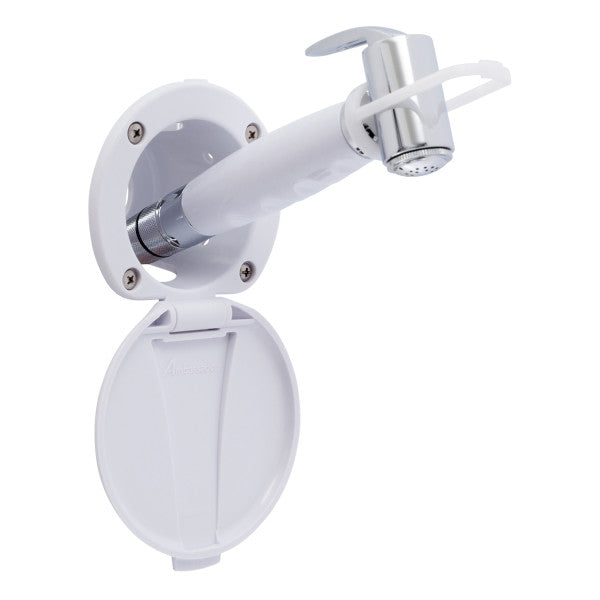 Ambassador Marine – Recessed Marine Shower- Arctic White Cup & Lid, Hammer-Head Arctic White Sprayer, 6' White Rubber Marine Hose – 136-0012-AW-R