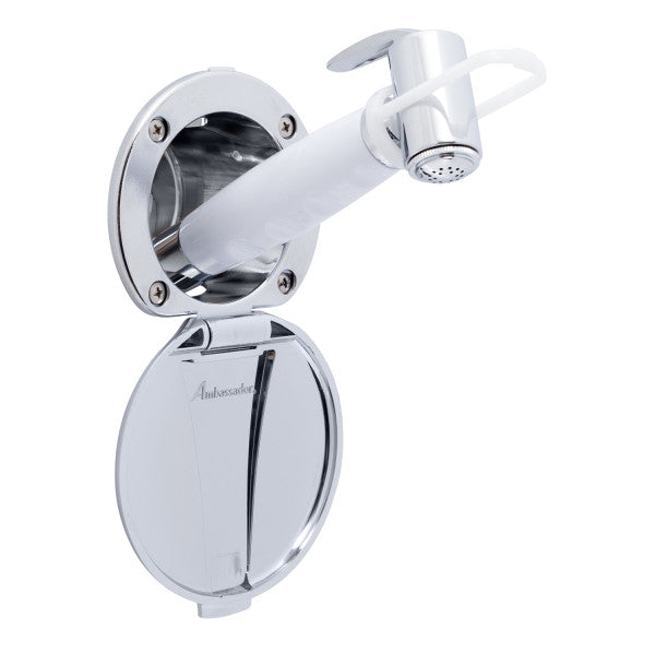 Ambassador Marine – Recessed Marine Shower- Chrome Cup & Lid, Hammer-Head Arctic White Sprayer, 6' White Rubber Marine Hose – 136-0012-CA-R