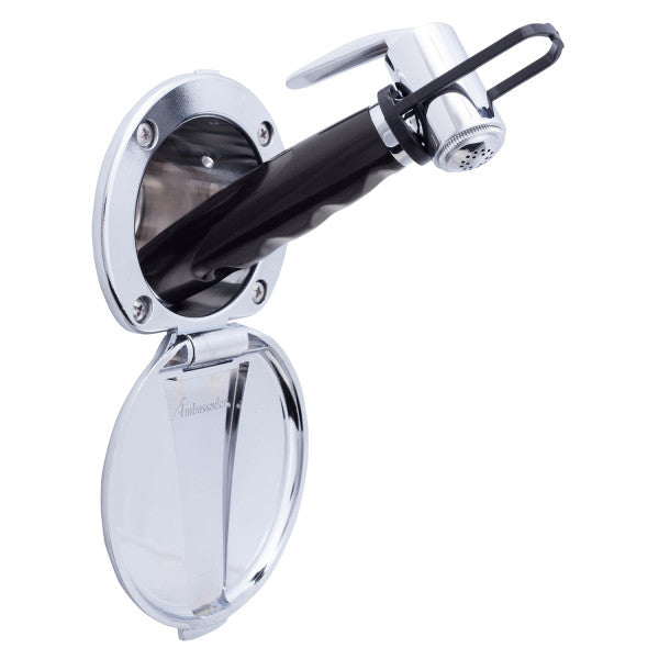Ambassador Marine – Recessed Marine Shower- Chrome Cup & Lid, Hammer-Head Black Sprayer, 6' Black Rubber Marine Hose – 136-0012-CP-R