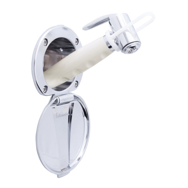 Ambassador Marine – Recessed Marine Shower- Chrome Cup & Lid, Hammer-Head Warm White Sprayer, 6' White Rubber Marine Hose – 136-0012-CW-R