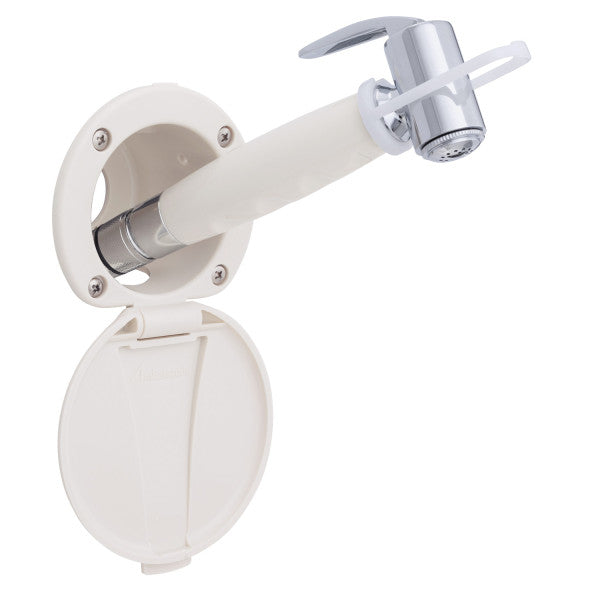 Ambassador Marine – Recessed Marine Shower- Warm White Cup & Lid, Hammer-Head Warm White Sprayer, 6' White Rubber Marine Hose – 136-0012-WH-R
