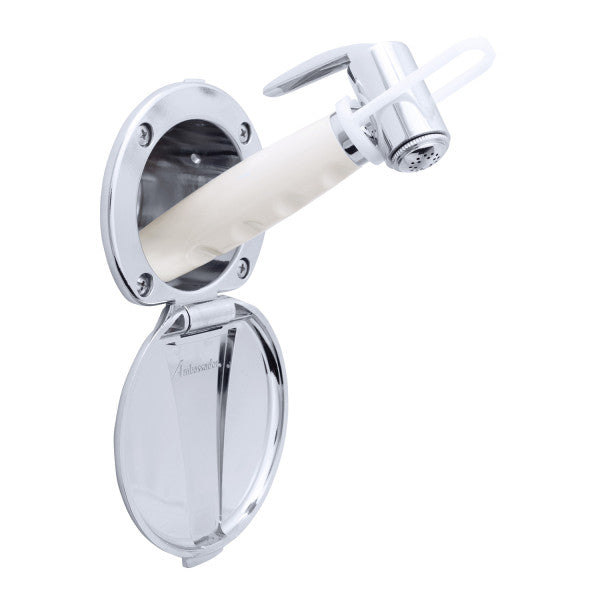 Ambassador Marine – Recessed Marine Shower- Chrome Cup & Lid, Hammer-Head Warm White Sprayer, 10' White Rubber Marine Hose – 136-0014-CW-R