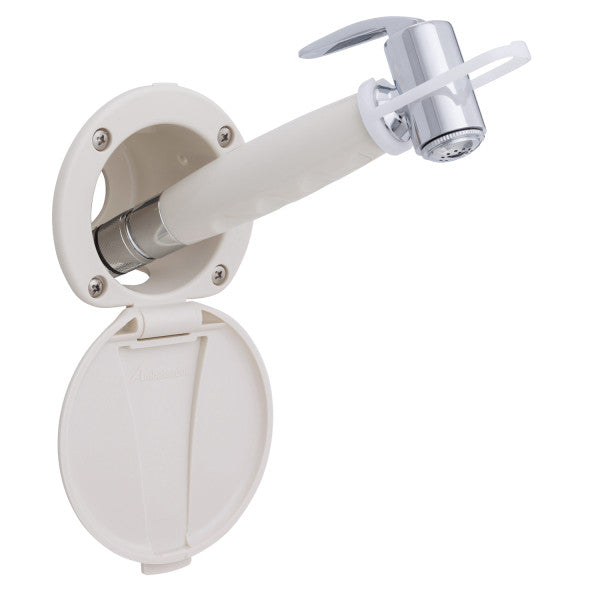 Ambassador Marine – Recessed Marine Shower- Warm White Cup & Lid, Hammer-Head Warm White Sprayer, 10' White Rubber Marine Hose – 136-0014-WH-R