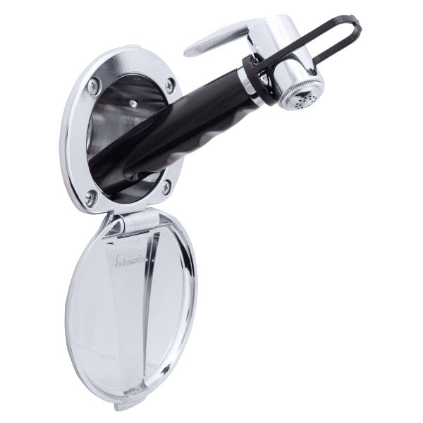 Ambassador Marine – Recessed Marine Shower- Chrome Cup & Lid, Hammer-Head Black Sprayer, 6' Stainless Steel Marine Hose – 136-0016-CP-R