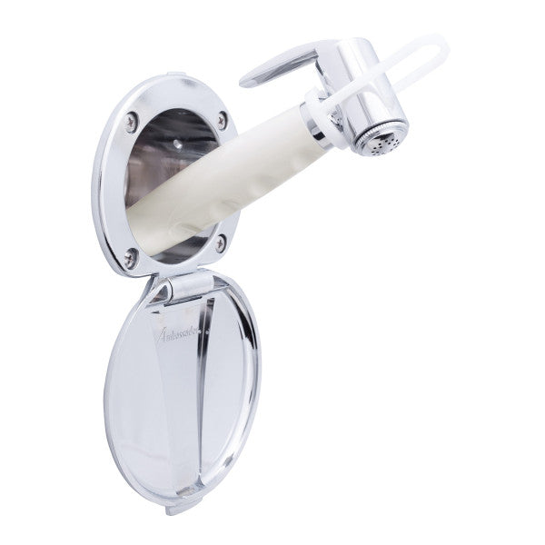 Ambassador Marine – Recessed Marine Shower- Chrome Cup & Lid, Hammer-Head Warm White Sprayer, 6' Stainless Steel Marine Hose – 136-0016-CW-R