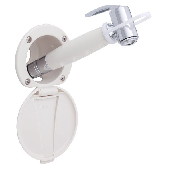 Ambassador Marine – Recessed Marine Shower- Warm White Cup & Lid, Hammer-Head Warm White Sprayer, 6' Stainless Steel Marine Hose – 136-0016-WH-R