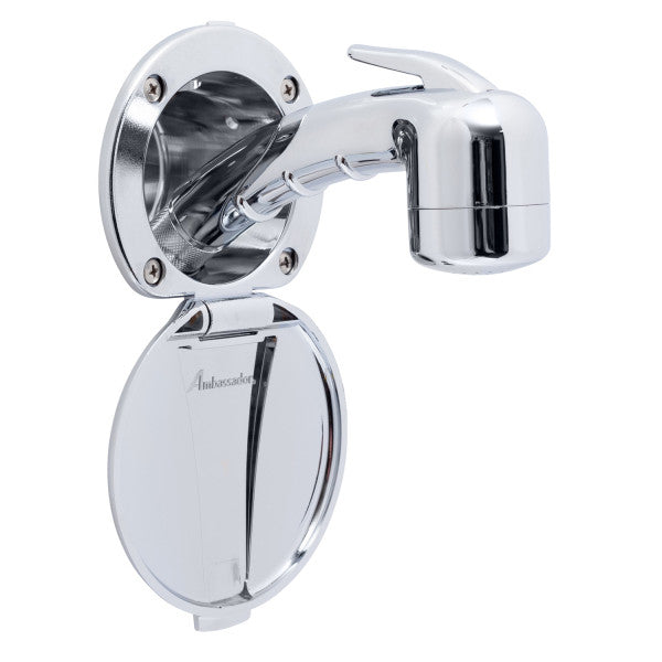 Ambassador Marine – Recessed Marine Shower- Chrome Cup & Lid, Small Chrome Sprayer No Hook, 6' Stainless Steel Marine Hose – 136-0018-CP-R