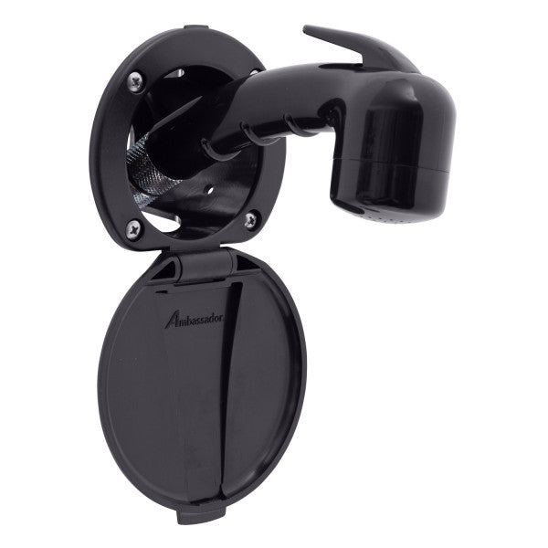 Ambassador Marine – Recessed Marine Shower- Black Cup & Lid, Small Black Sprayer No Hook, 6' Stainless Steel Marine Hose – 136-0018-KP-R