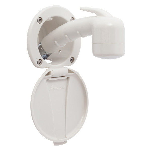 Ambassador Marine – Recessed Marine Shower- Warm White Cup & Lid, Small Warm White Sprayer No Hook, 6' Stainless Steel Marine Hose – 136-0018-WH-R