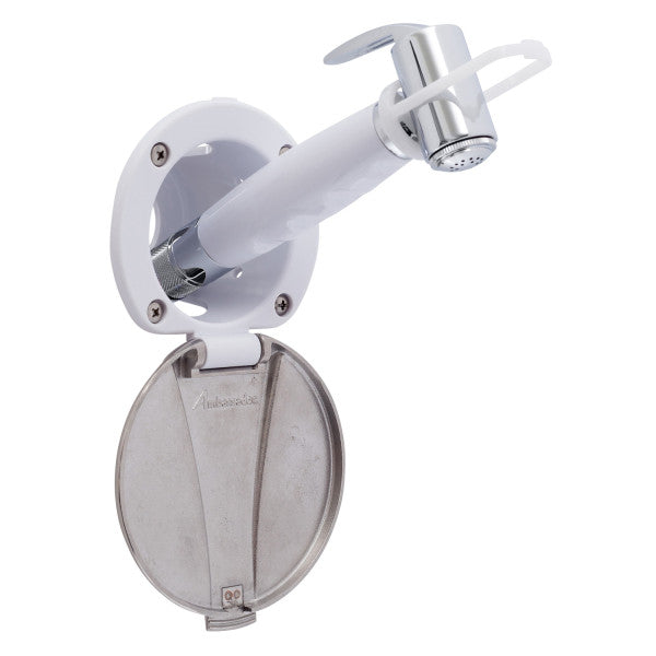 Ambassador Marine – Recessed Marine Shower- Arctic White Cup with Stainless Steel Lid, Hammer-Head Arctic White Sprayer, 6' White Rubber Marine Hose – 136-0042-AW-R