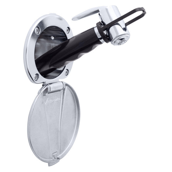 Ambassador Marine – Recessed Marine Shower- Chrome Cup with Stainless Steel Lid, Hammer-Head Black Sprayer, 6' Black Rubber Marine Hose – 136-0042-CP-R