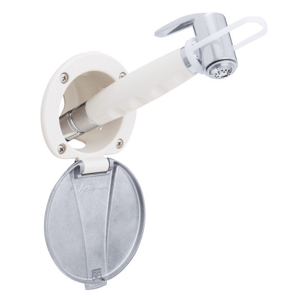 Ambassador Marine – Recessed Marine Shower- Warm White Cup with Stainless Steel Lid, Hammer-Head Warm White Sprayer, 6' White Rubber Marine Hose – 136-0042-WH-R