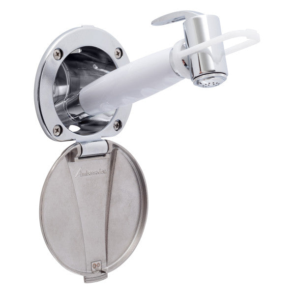 Ambassador Marine – Recessed Marine Shower- Chrome Cup with Stainless Steel Lid, Hammer-Head Arctic White Sprayer, 6' Stainless Steel Marine Hose – 136-0043-CA-R