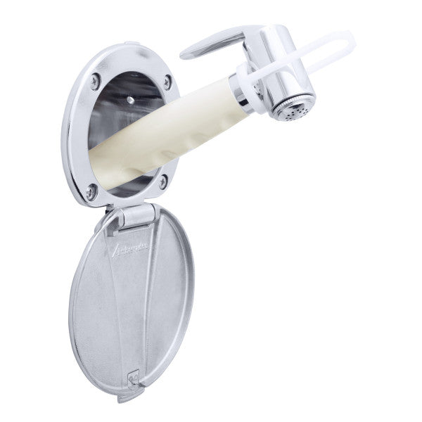 Ambassador Marine – Recessed Marine Shower- Chrome Cup with Stainless Steel Lid, Hammer-Head Warm White Sprayer, 6' Stainless Steel Marine Hose – 136-0043-CW-R