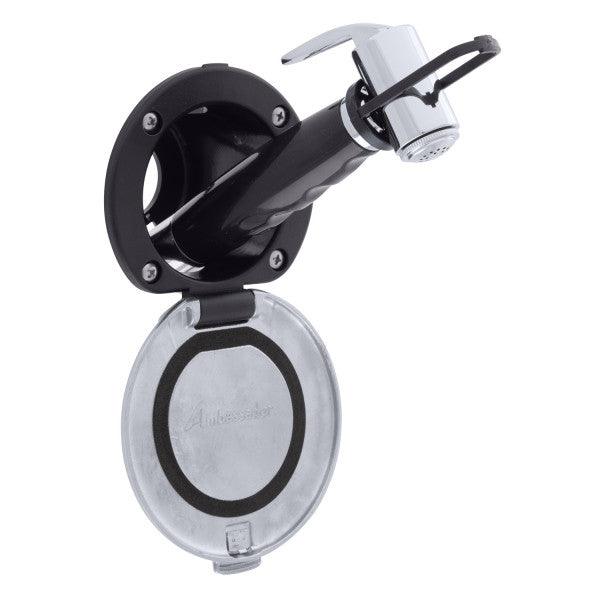 Ambassador Marine – Recessed Marine Shower- Black Cup with Stainless Steel Lid, Hammer-Head Black Sprayer, 6' Stainless Steel Marine Hose – 136-0043-KP-R