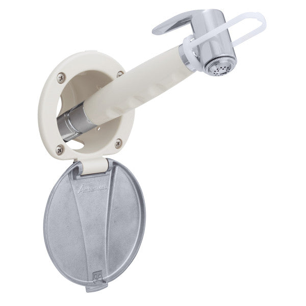Ambassador Marine – Recessed Marine Shower- Warm White Cup with Stainless Steel Lid, Hammer-Head Warm White Sprayer, 6' Stainless Steel Marine Hose – 136-0043-WH-R