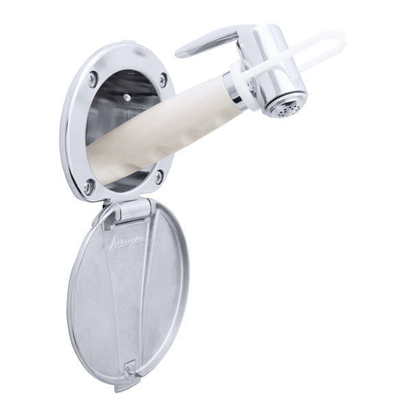Ambassador Marine – Recessed Marine Shower- Chrome Cup with Stainless Steel Lid, Hammer-Head Warm White Sprayer, 10' White Rubber Marine Hose – 136-0044-CW-R