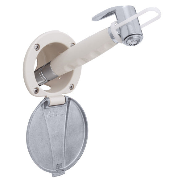 Ambassador Marine – Recessed Marine Shower- Warm White Cup with Stainless Steel Lid, Hammer-Head Warm White Sprayer, 10' White Rubber Marine Hose – 136-0044-WH-R