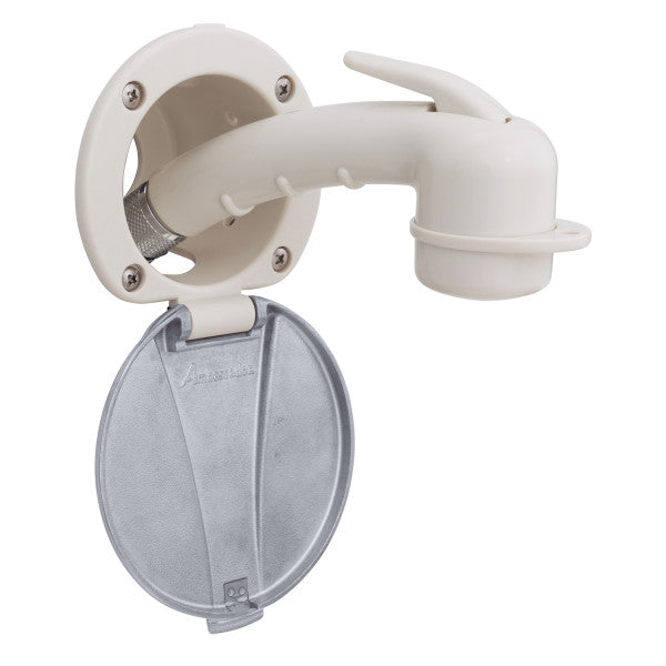 Ambassador Marine – Recessed Marine Shower- Warm White Cup with Stainless Steel Lid, Small Warm White Sprayer, 10' White Rubber Marine Hose – 136-0047-WH-R