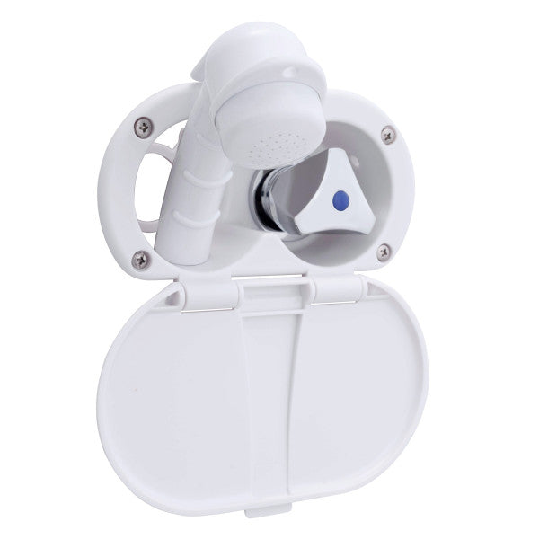 Ambassador Marine – Trinidad- Transom Shower Cold Only, Arctic White Cup & Lid, Small Arctic White Sprayer, 6' Stainless Steel Marine Hose, Chrome Trinidad Handle – 136-0208-AW