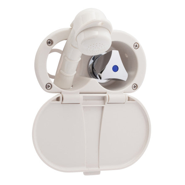 Ambassador Marine – Trinidad- Transom Shower Cold Only, Warm White Cup & Lid, Small Warm White Sprayer, 6' Stainless Steel Marine Hose, Chrome Trinidad Handle – 136-0208-WH