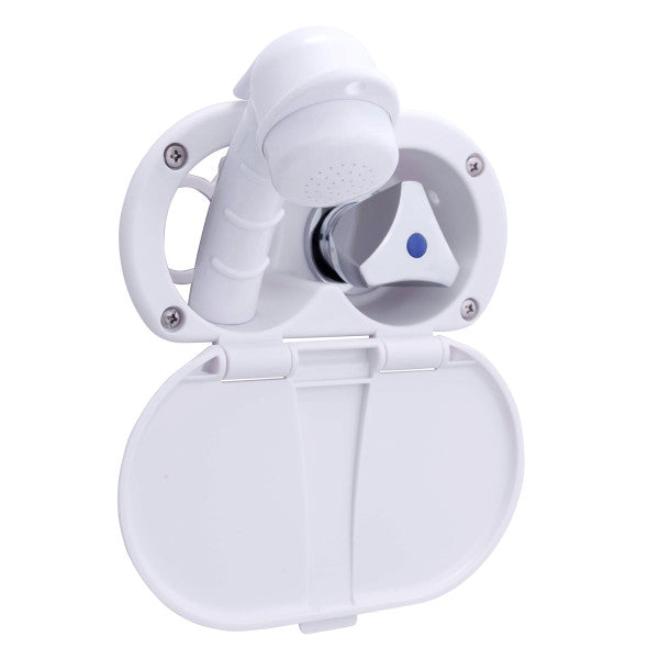 Ambassador Marine – Trinidad- Transom Shower Cold Only, Arctic White Cup & Lid, Small Arctic White Sprayer, 10' White Rubber Marine Hose, Chrome Trinidad Handle – 136-0207-AW