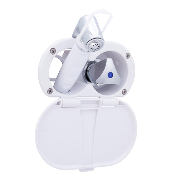 Ambassador Marine – Trinidad- Transom Shower Cold Only, Arctic White Cup & Lid, Hammer-Head Arctic White Sprayer, 10' White Rubber Marine Hose, Chrome Trinidad Handle – 136-0214-AW