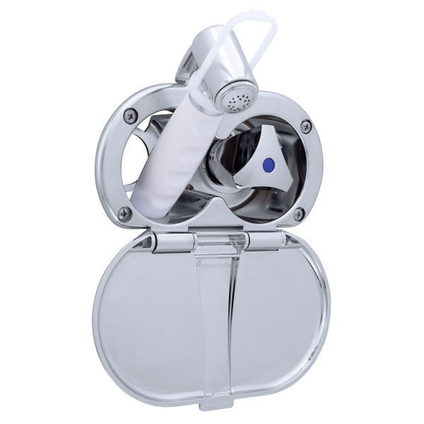 Ambassador Marine – Trinidad- Transom Shower Cold Only, Chrome Cup & Lid, Hammer-Head Arctic White Sprayer, 10' White Rubber Marine Hose, Chrome Trinidad Handle – 136-0214-CA