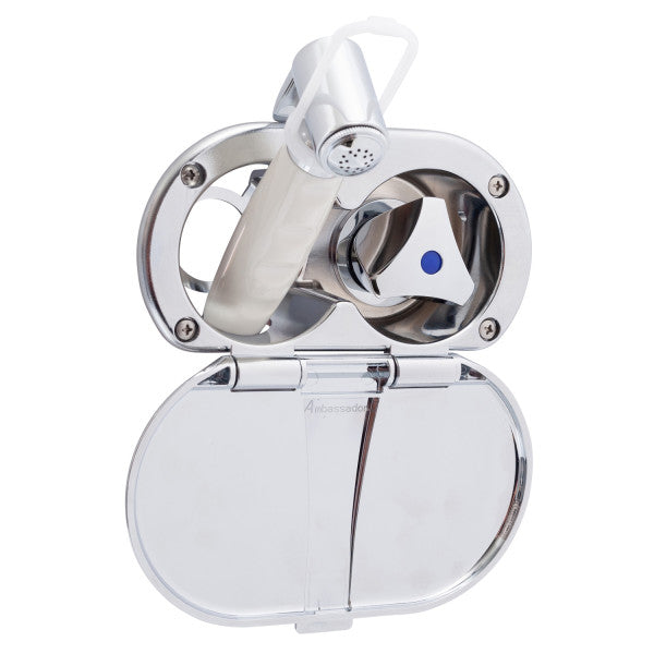 Ambassador Marine – Trinidad- Transom Shower Cold Only, Chrome Cup & Lid, Hammer-Head Warm White Sprayer, 10' White Rubber Marine Hose, Chrome Trinidad Handle – 136-0214-CW