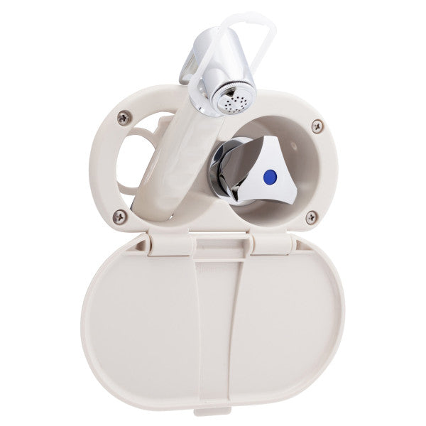 Ambassador Marine – Trinidad- Transom Shower Cold Only, Warm White Cup & Lid, Hammer-Head Warm White Sprayer, 10' White Rubber Marine Hose, Chrome Trinidad Handle – 136-0214-WH