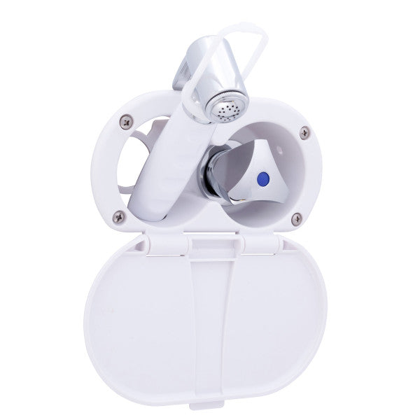Ambassador Marine – Trinidad- Transom Shower Cold Only, Arctic White Cup & Lid, Hammer-Head Arctic White Sprayer, 6' Stainless Steel Marine Hose, Chrome Trinidad Handle – 136-0216-AW