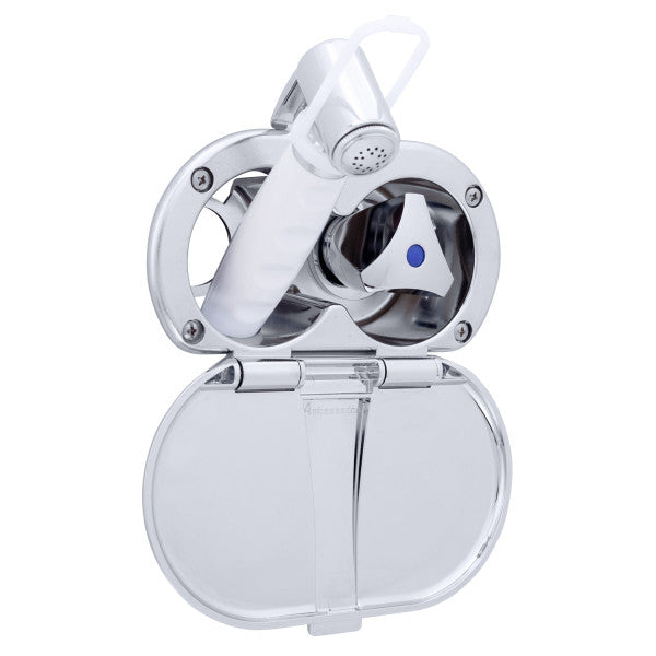 Ambassador Marine – Trinidad- Transom Shower Cold Only, Chrome Cup & Lid, Hammer-Head Arctic White Sprayer, 6' Stainless Steel Marine Hose, Chrome Trinidad Handle – 136-0216-CA