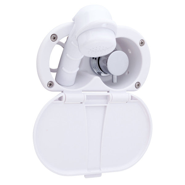 Ambassador Marine – Aidack- Transom Shower Hot/Cold Mixer, Arctic White Cup & Lid, Small Arctic White Sprayer, 6' White Rubber Marine Hose, Chrome Aidack Handle – 136-1700-AW