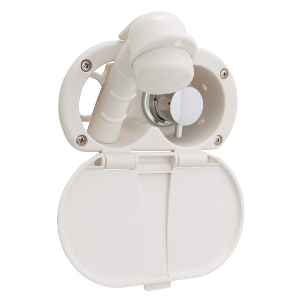 Ambassador Marine – Aidack- Transom Shower Hot/Cold Mixer, Warm White Cup & Lid, Small Warm White Sprayer, 6' Stainless Steel Marine Hose, Chrome Aidack Handle – 136-1708-WH