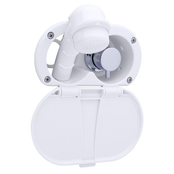 Ambassador Marine – Aidack- Transom Shower Hot/Cold Mixer, Arctic White Cup & Lid, Small Arctic White Sprayer, 10' White Rubber Marine Hose, Chrome Aidack Handle – 136-1707-AW